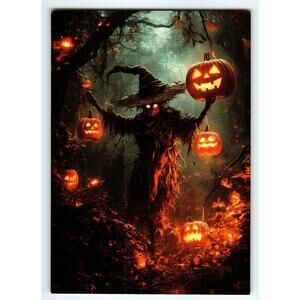 Spooky Halloween Scarecrow With Glowing Jack-O'-Lanterns Postcard 5.5x4